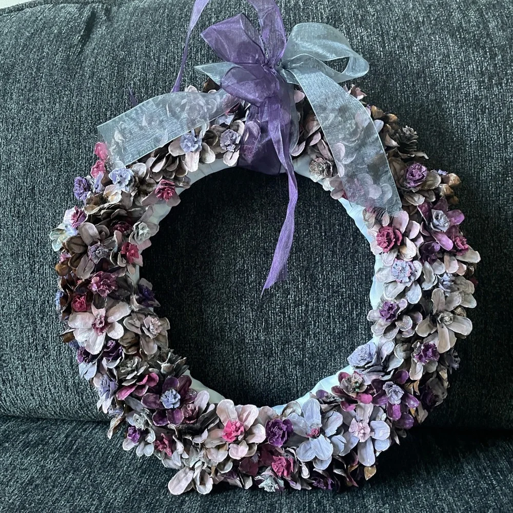 Purple and Pink Hand Painted Pine Cone Floral Wreath